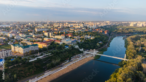 Aerial view of a pedestrian bridge over the Ural River in Orenburg