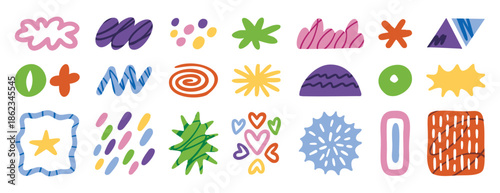 Abstract doodle elements with spirals, plants and wavy lines in naive style. Hand drawn.