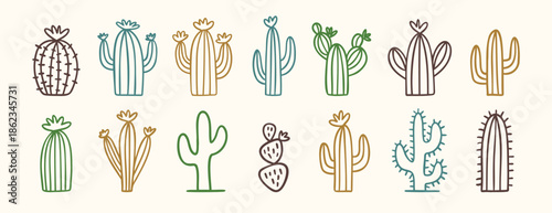 Collection of doodle wild west cactus icons in minimal desert style, hand drawn cacti