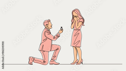 Romantic Proposal Illustration Man on Knee Offering Ring to Woman.
