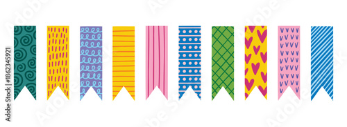Colorful decorative tape patterned tape strips, cute scotch tapes, bookmarks. Cute pieces tape set. Scrapbooking element for creative digital collages.