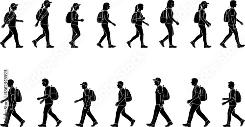 Black silhouettes of people walking with backpacks, side view profile of men and women hikers, students or travelers isolated on white background, vector.