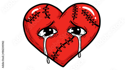 Sad Stitched Heart with Tears Emotional Pain and Healing Concept.
