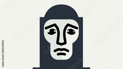 Sad Moai Statue Illustration with Downcast Expression and Somber Tone.