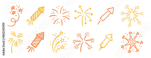Hand drawn fireworks doodle set celebration line art design