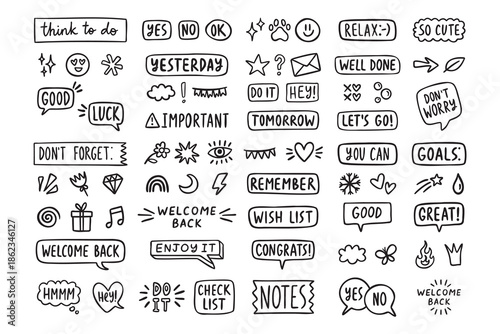 Cute planner stickers with words and tiny icons, butterfly and sparkles, school doodle set, hand drawn Monochrome line art outline, clean contour style, hand drawn.