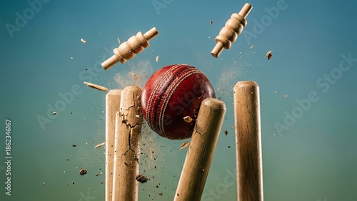cricket ball breaking wooden stumps with flying pieces on blue sky,fast cricket delivery smashing wickets,close up of cricket ball striking stumps against clear sky