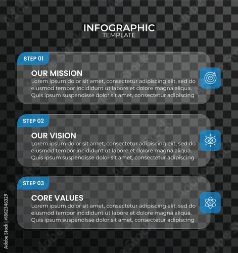 Modern Blue Business Infographic Template for Company Mission, Vision, and Core Values. 3 Step Glassmorphism Layout for Professional Presentations.