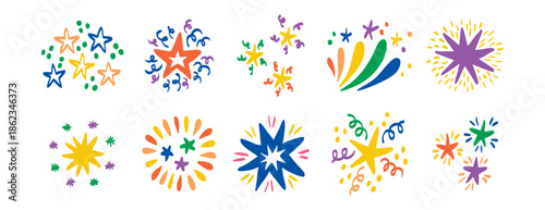 Star firework colorful set collection doodle hand drawn icon. Outline drawing sparkle line clipart symbol.