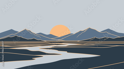 Serene Mountain Landscape with River and Setting Sun Illustration.