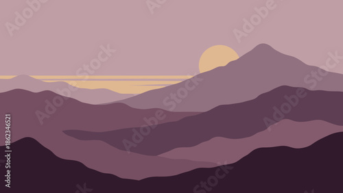 Serene Mountain Range Landscape with Rising Sun and Layered Peaks.