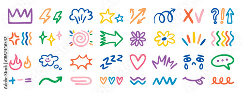 Random doodle small icons with hearts arrows checks and tears, hand drawn