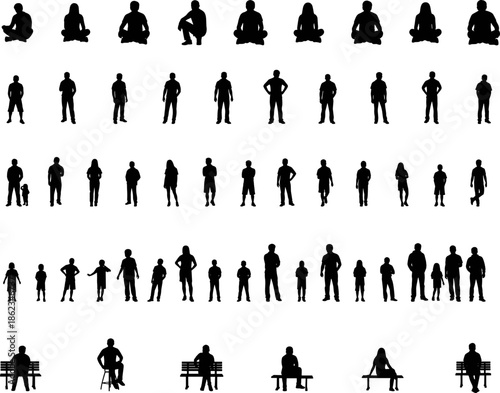 Large collection of black human silhouettes featuring people standing, sitting on benches, and children in various poses, isolated vector set for architectural rendering.