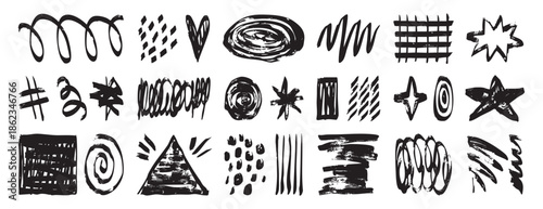 Scribble brush textured shapes marker set collection doodle hand drawn icon. Outline drawing star line clipart symbol.