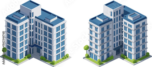 Isometric modern office building 3d illustration, architectural city apartment block with blue windows, urban real estate exterior design isolated on white background.