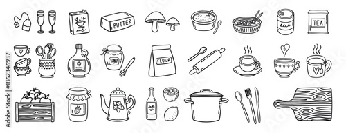 Kitchen essentials set tea butter flour maple syrup utensils line art outline, monochrome hand drawn.