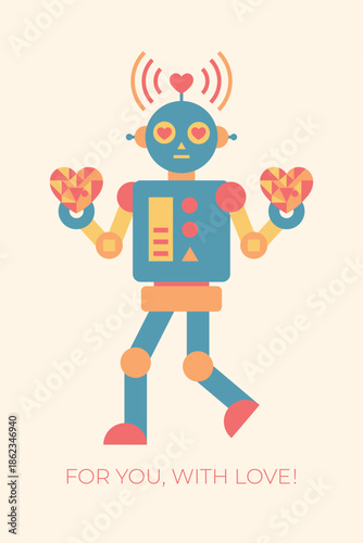 Robot love valentine card with geometric characters, vector isolated on light background