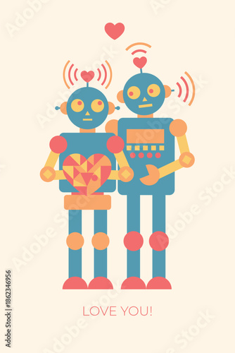 Robot love valentine card with geometric characters, vector isolated on light background