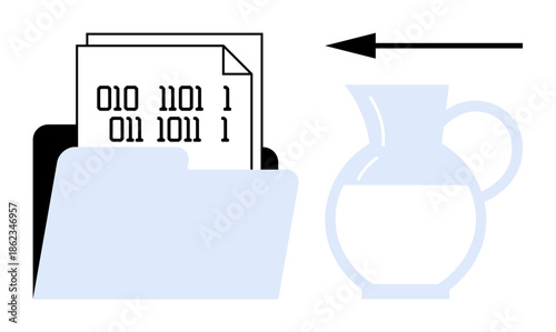 Data transfer concept. Binary code documents in a folder with an arrow pointing toward a pitcher. Data transfer for digital storage, communication systems, coding, and programming