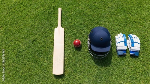 cricket equipment flat lay with bat ball helmet and gloves on grass, cricket gear arranged on green field in clean top view, cricket bat ball and protective gear, outdoor cricket equipment set arrange
