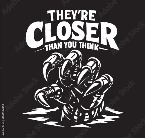 Stylized white illustration of a crouching robotic animal with sharp details, evoking a tense and mysterious horror game atmosphere.