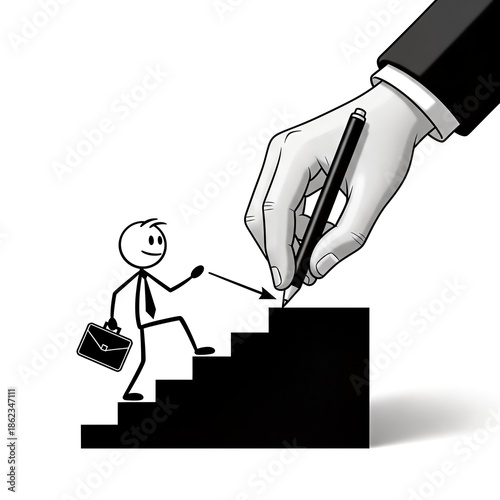 Hand drawing stick man up stairs.