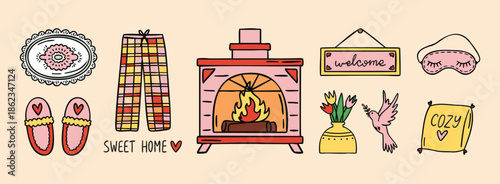 Cozy home set hearth pillow slippers pajamas welcome, cozy hand drawn doodle style.
