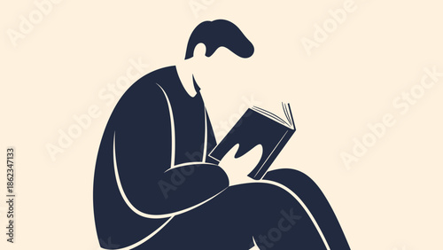 Silhouette of a Man Deeply Engrossed in Reading a Book.
