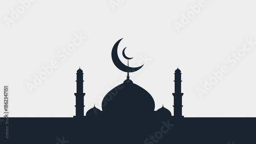 Silhouette of a Mosque with Crescent Moon and Minarets.