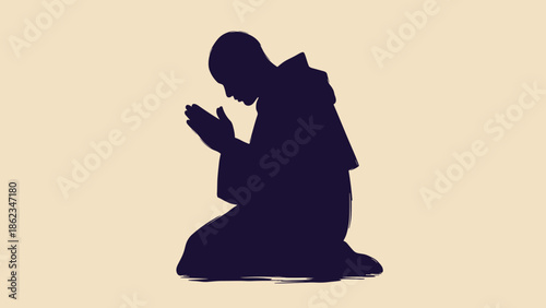 Silhouette of a Praying Monk in Deep Contemplation and Devotion.