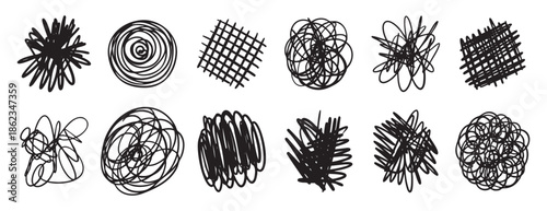 Tangled scribble texture set. Chaotic line doodle collection. Abstract knot patterns for creative design