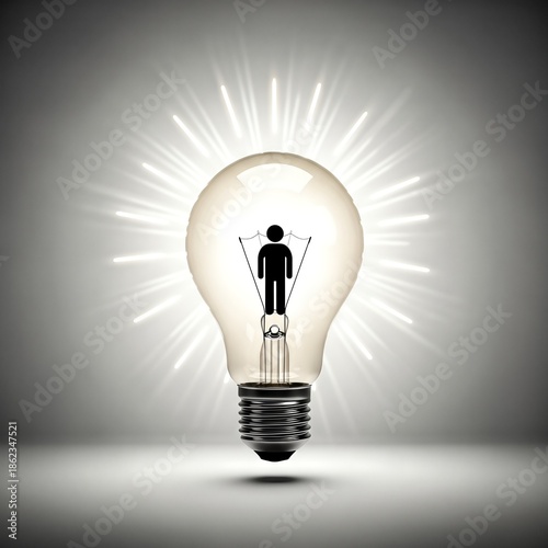 Illuminated Light Bulb with Human Silhouette Symbolizing Idea and Innovation.