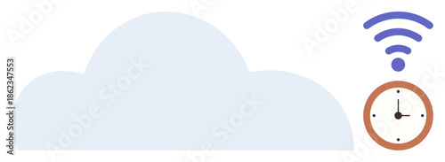 Cloud icon alongside a clock and wireless signal. Ideal for cloud computing, data storage, time management, internet access, connectivity, digital synchronization, simple flat metaphor