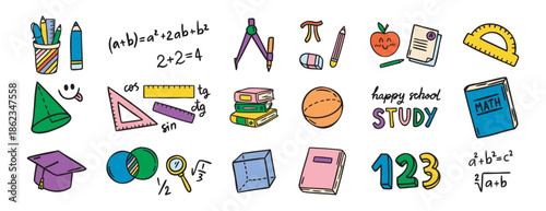 Math elements set, formulas and geometry, cute study kit, colorful, hand drawn