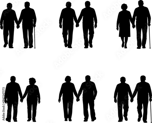 Set of six black silhouettes featuring elderly senior couples walking and holding hands, isolated vector icons for aging, retirement, and togetherness design themes.