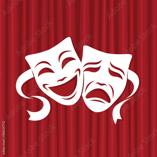 icon of comedy and tragedy theatrical masks with red curtains