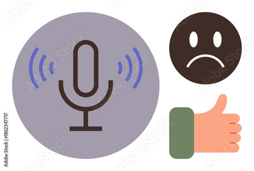 Microphone with sound waves, a sad face, and a thumbs-up hand gesture reflect mixed feedback, communication, evaluations, or reviews. Ideal for commentary, rating, interaction podcasting user