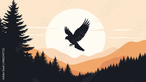 Silhouette of an Eagle Soaring Against a Faded Sun.