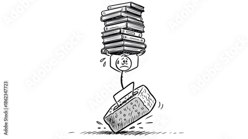 Black and White Hand-Drawn Illustration of a Stack of Books Being Weighed Down by a Brick