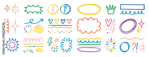 Playful doodle set with splashes exclamations and random elements, hand drawn