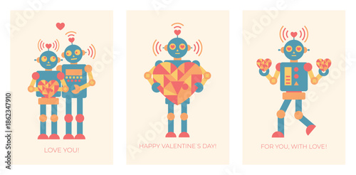 Robot love valentine card SET with geometric characters, vectors isolated on light background