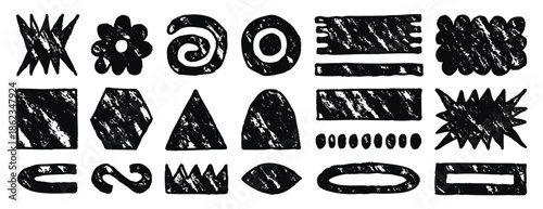 Grunge set abstract colored shapes, a set of textural elements, geometric shapes, textural fills, random strokes in different shapes. Square, triangle, circle, crown, rectangle and lines element