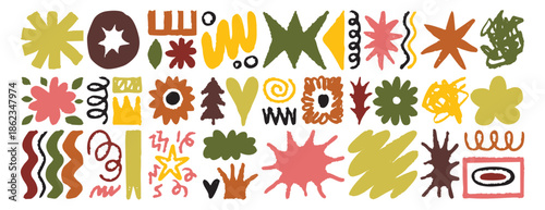 Sharp, bold abstract shapes doodle brush set, grunge style, grunge colors, natural elements and organic motifs, woody, leaves and plants, textured brush hand drawn icons, awkward shapes collection.