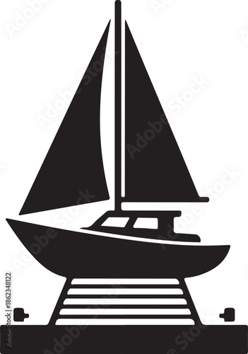 Sleek black silhouette of a sailboat with a tall mast, poised on a display stand