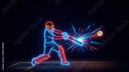 neon cricket batsman hitting glowing ball on dark background