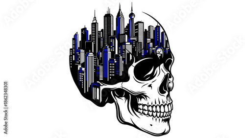 Skull with Cityscape A Symbolic Representation of Urban Decay.