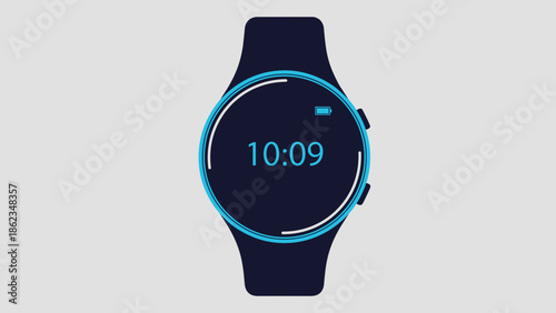 Smartwatch displaying time with a sleek modern design and blue accents.