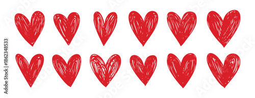 Red scribble hearts set collection doodle hand drawn icon. Outline drawing heart line clipart symbol.