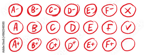 Hand drawn school grade circles red marks set educational design