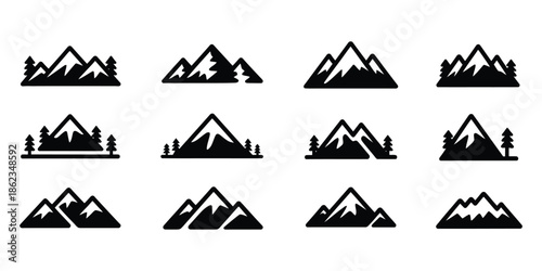 Mountain set vector silhouette icons on white background, depicting peaks and ridges, ideal for outdoor, travel, adventure, hiking, camping, and high ranking digital illustration projects.